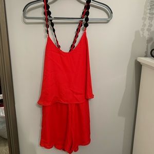 Red Romper with Black Embroidered Straps